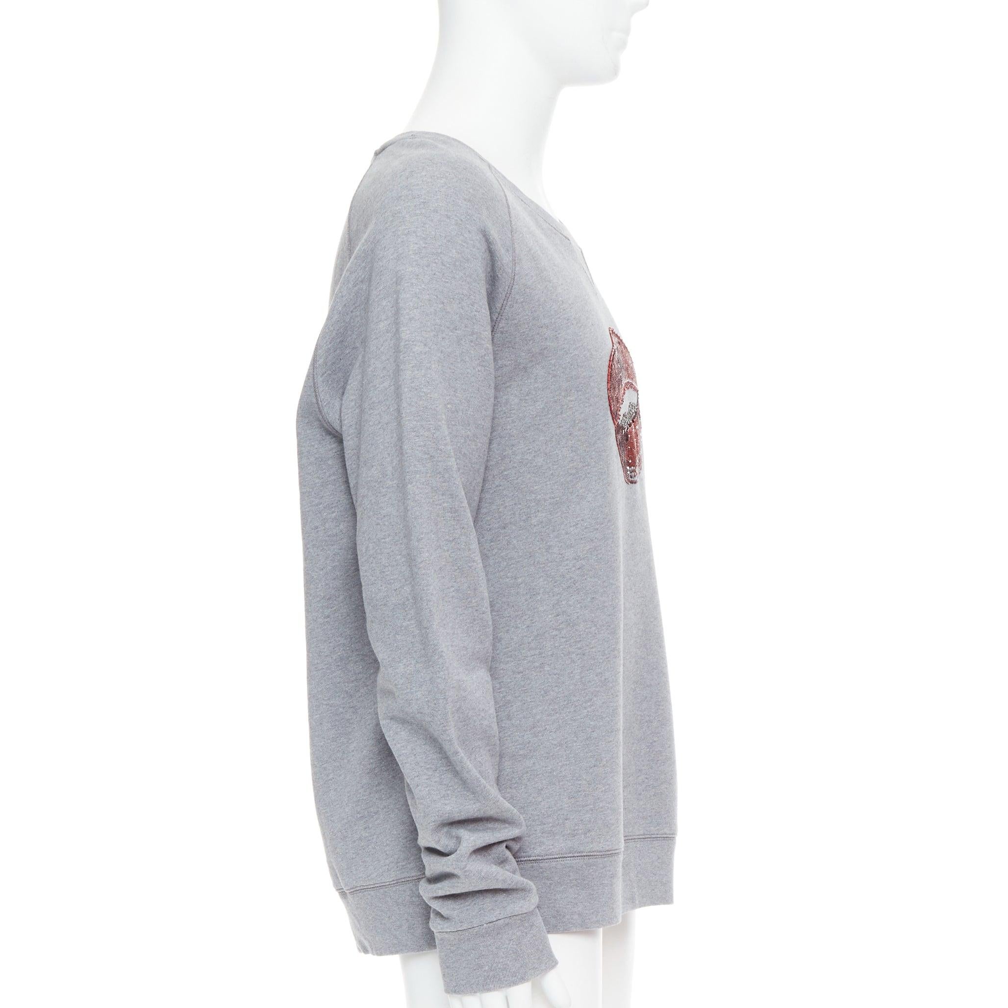 DRIES VAN NOTEN grey cotton red sequins lip crew pullover top L In Excellent Condition For Sale In Hong Kong, NT