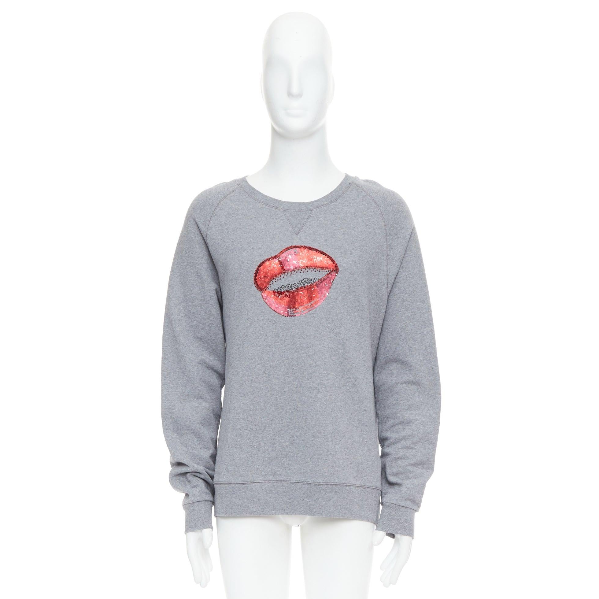 DRIES VAN NOTEN grey cotton red sequins lip crew pullover top L For Sale 4
