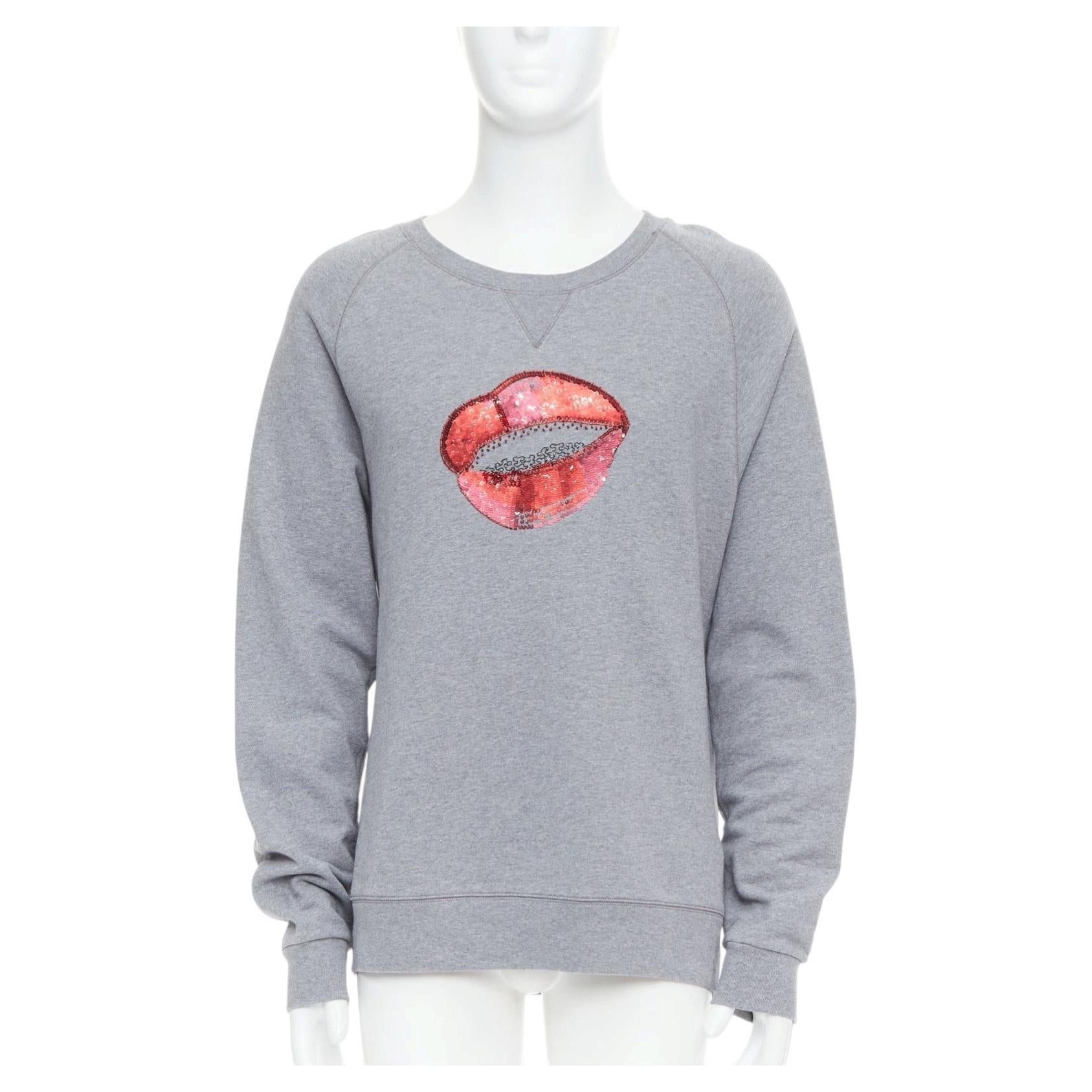 DRIES VAN NOTEN gris coton rouge paillettes lip crew pull top L en vente
