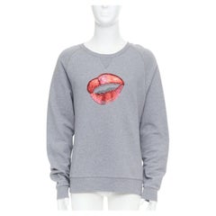 DRIES VAN NOTEN grey cotton red sequins lip crew pullover top L