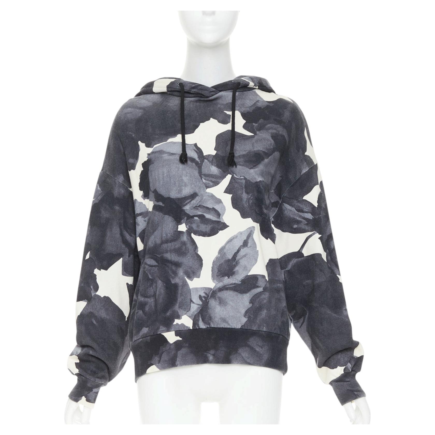 DRIES VAN NOTEN grey ivory cotton abstract rose print black drawstring hoodie S