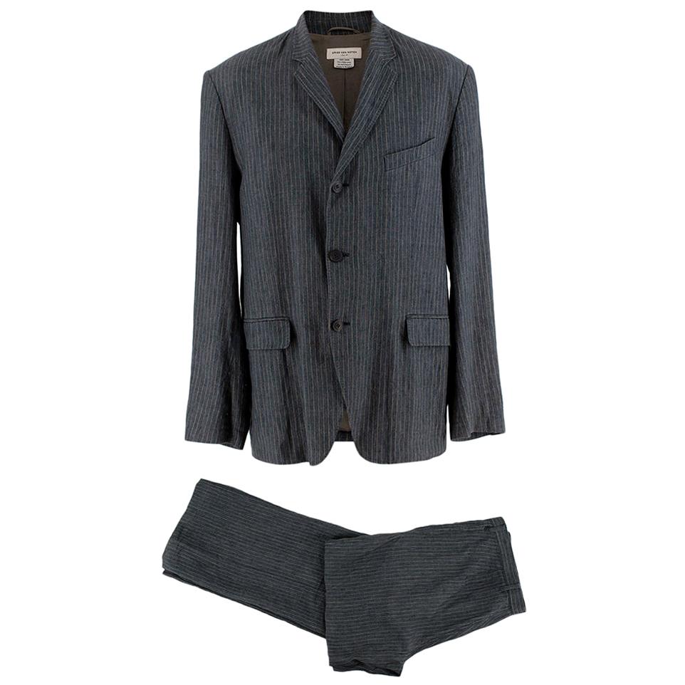 Dries Van Noten Grey Pinstripe Single Breasted Linen Suit - Size L 50