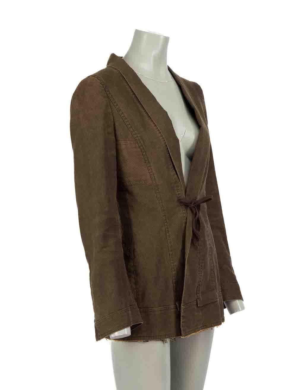 CONDITION is Very good. Hardly any visible wear to jacket is evident on this used Dries Van Noten designer resale item.
 
 Details
 Khaki
 Corduroy
 Fitted jacket
 Tie strap closure
 Slit on cuffs
 Frayed hemline
 Brown taping trim on side
 
 Made