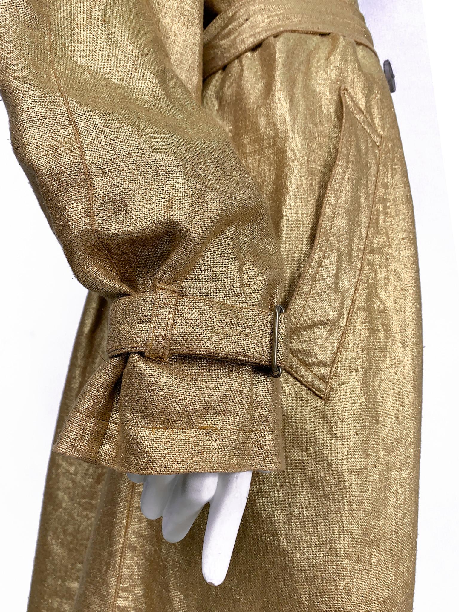 Dries Van Noten Metallic Gold Double-Breasted Belted Long Trench Coat, Unisex For Sale 9