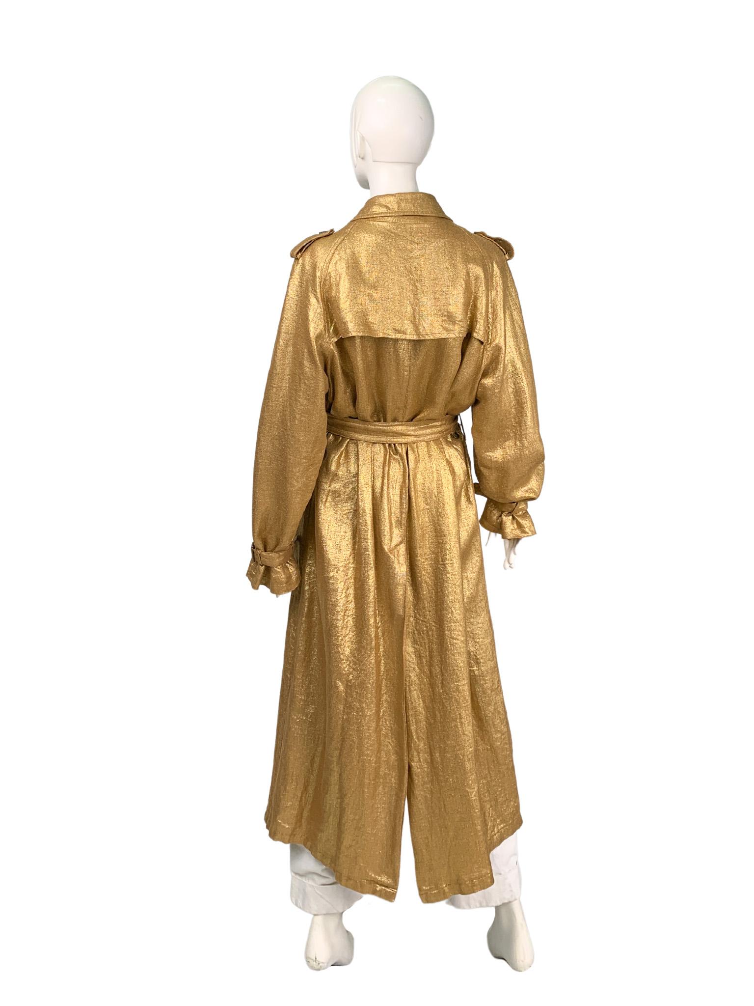 Dries Van Noten Metallic Gold Double-Breasted Belted Long Trench Coat, Unisex For Sale 4