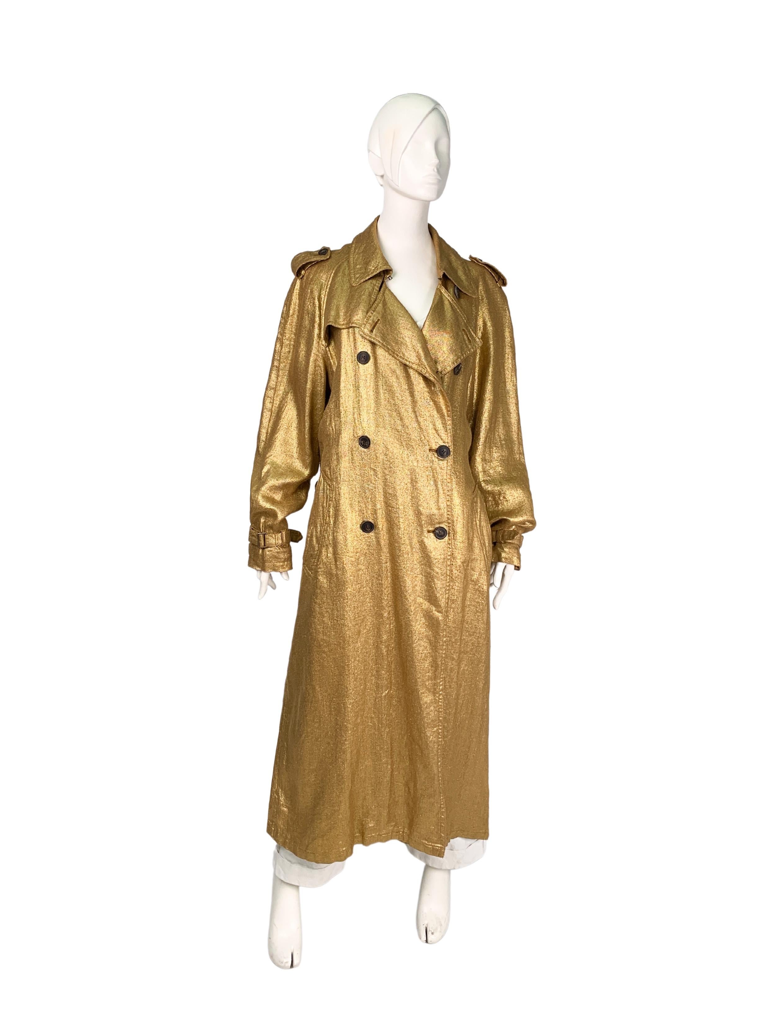 Dries Van Noten Metallic Gold Double-Breasted Belted Long Trench Coat, Unisex For Sale 6