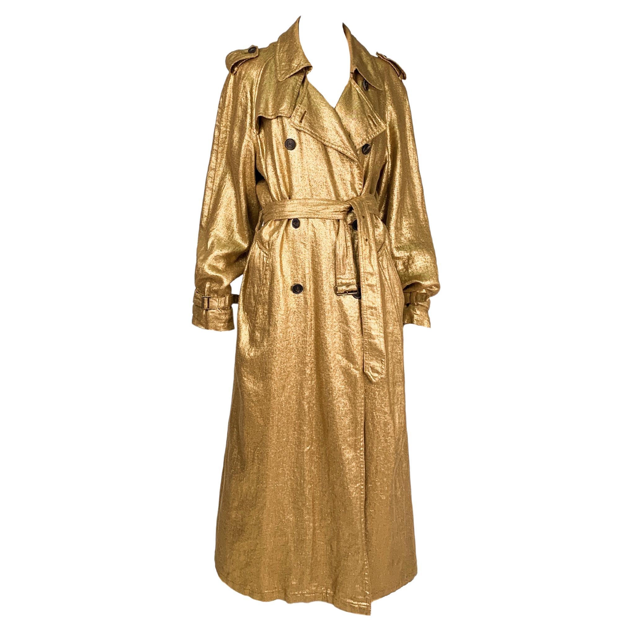 Dries Van Noten Metallic Gold Double-Breasted Belted Long Trench Coat, Unisex For Sale