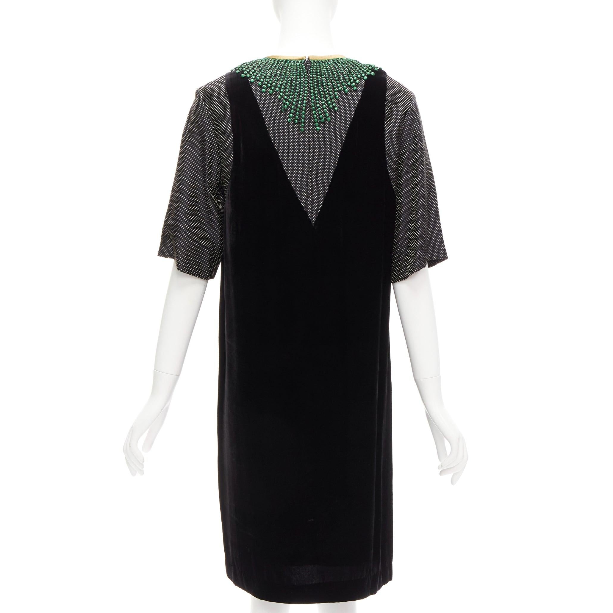 Women's DRIES VAN NOTEN metallic green collar black velvet illusion dress FR34 XS