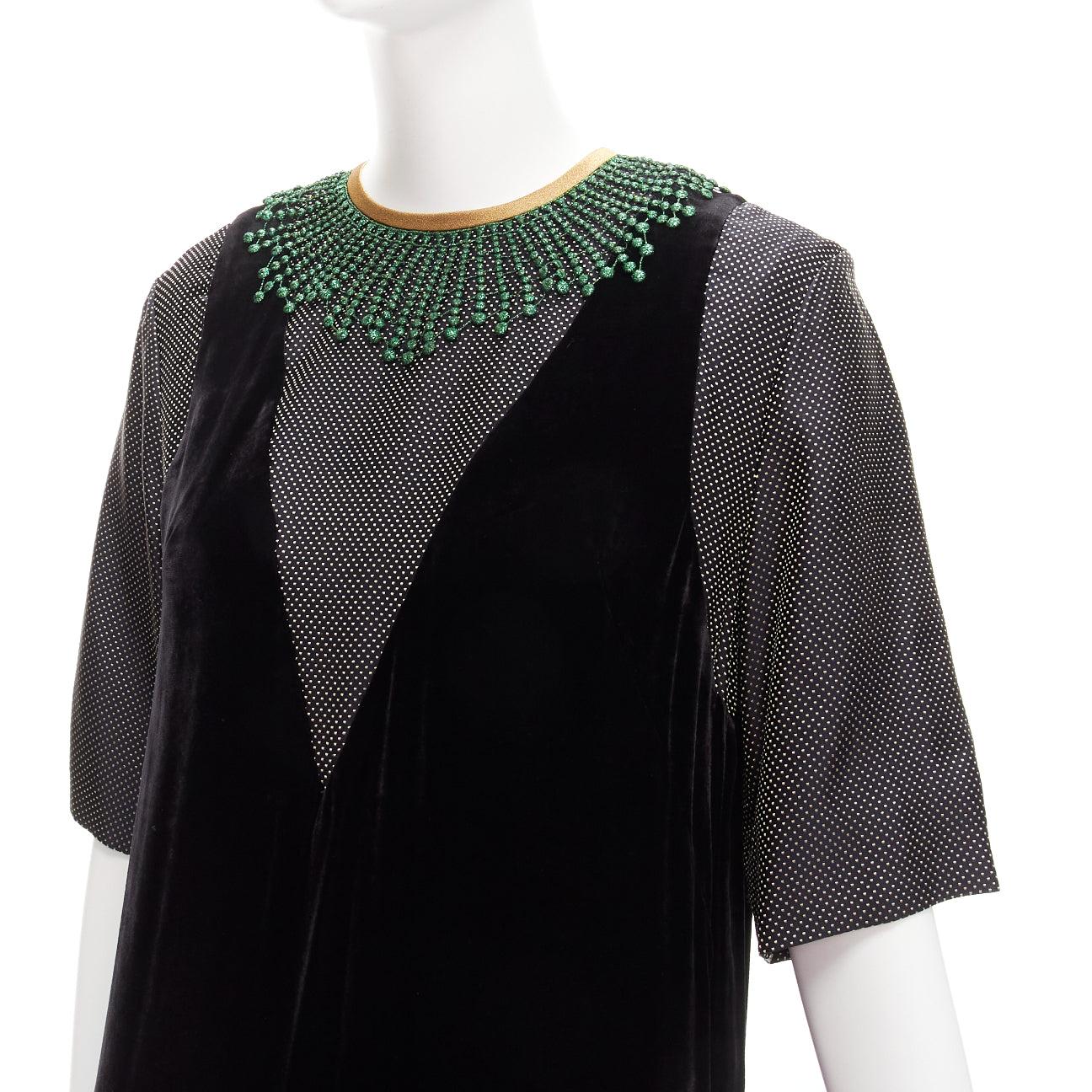 DRIES VAN NOTEN metallic green collar black velvet illusion dress FR34 XS 2