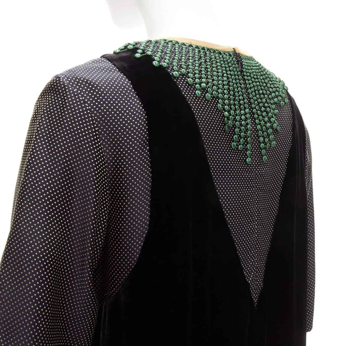 DRIES VAN NOTEN metallic green collar black velvet illusion dress FR34 XS 3