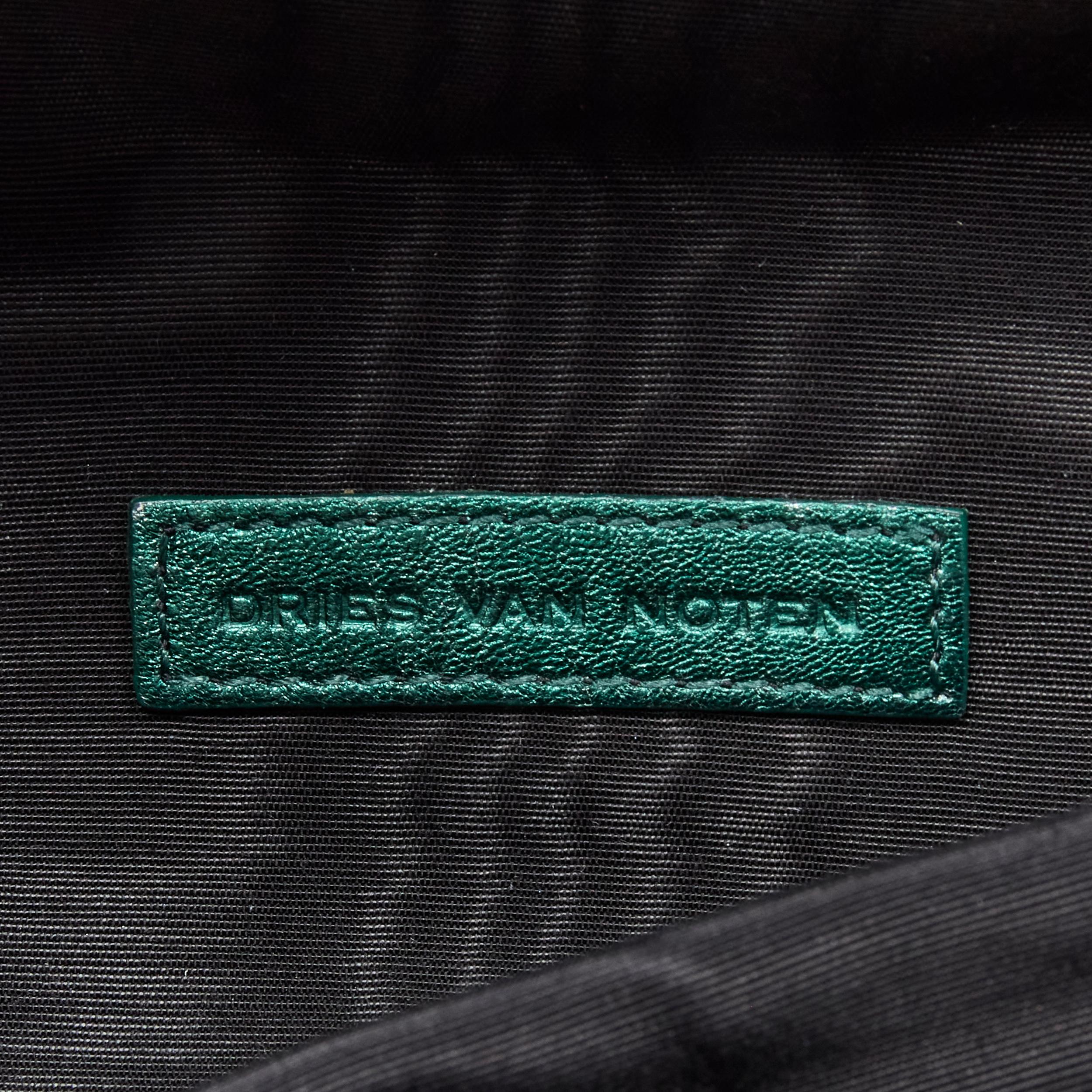 DRIES VAN NOTEN metallic green soft leather black foldover crossbody clutch bag 4