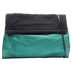 DRIES VAN NOTEN metallic green soft leather black foldover crossbody clutch bag