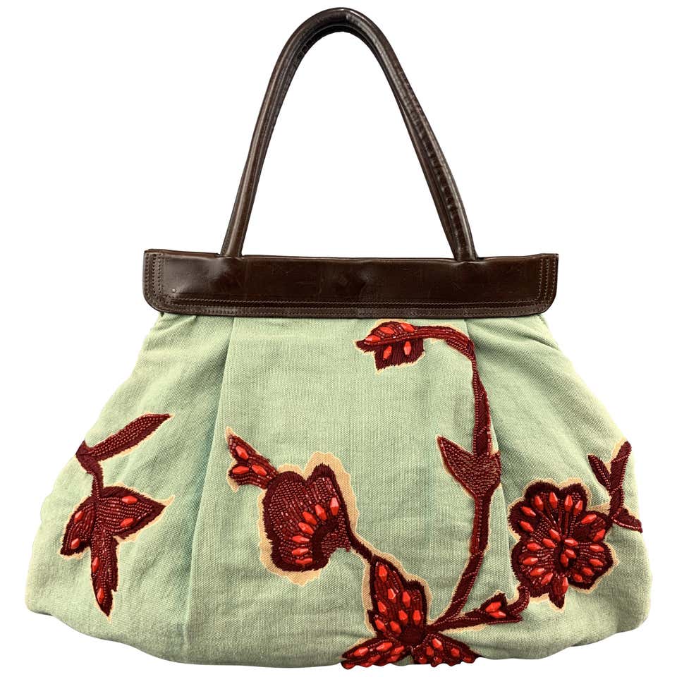 DRIES VAN NOTEN Mint and Red Beaded Floral Canvas Leather Handle Bag at ...
