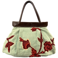 DRIES VAN NOTEN Mint & Red Beaded Floral Canvas Leather Handle Bag
