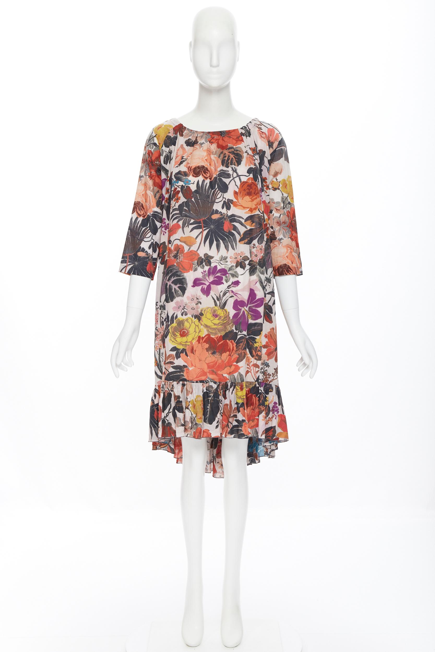 Brown DRIES VAN NOTEN multicolor floral print cotton frill hem casual dress S