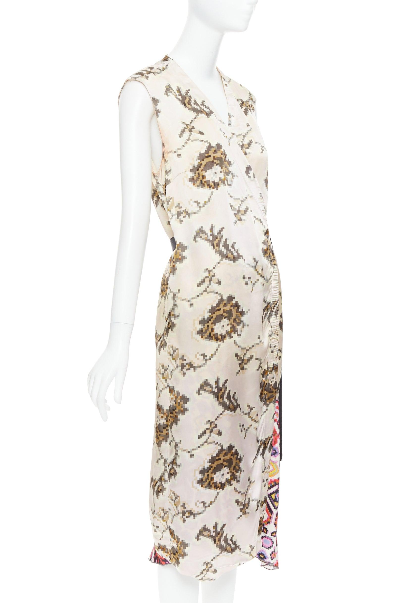 Beige DRIES VAN NOTEN multicolor pixelated contrast print satin belted dress FR38 M For Sale