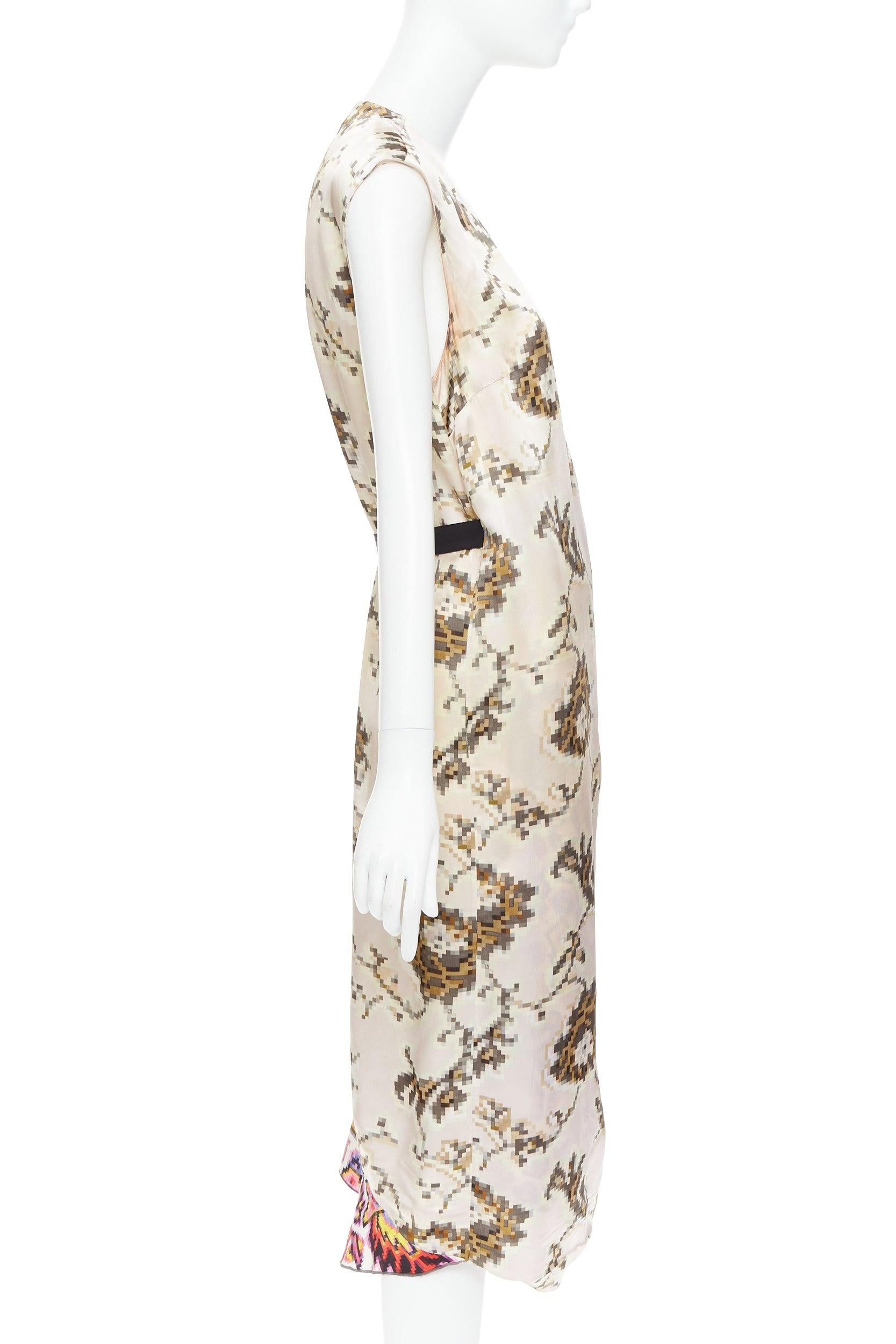DRIES VAN NOTEN multicolor pixelated contrast print satin belted dress FR38 M In Fair Condition For Sale In Hong Kong, NT