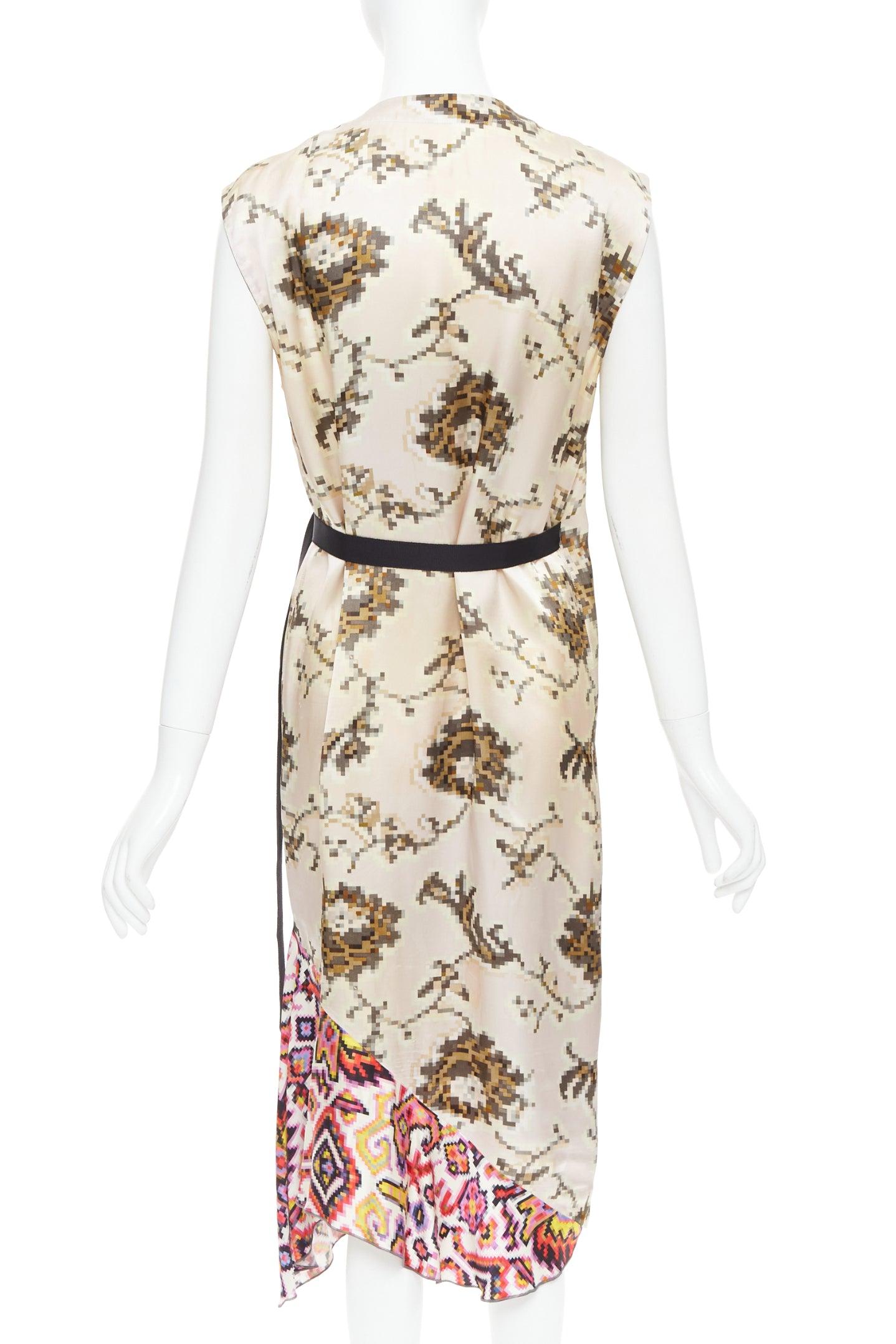 Women's DRIES VAN NOTEN multicolor pixelated contrast print satin belted dress FR38 M For Sale