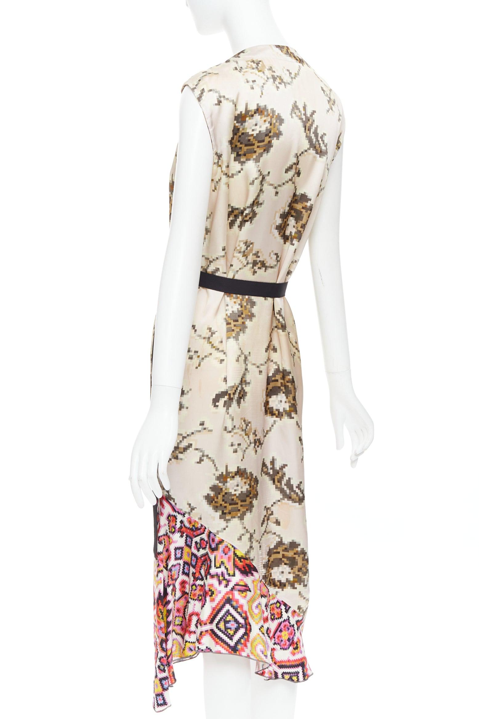 DRIES VAN NOTEN multicolor pixelated contrast print satin belted dress FR38 M For Sale 1