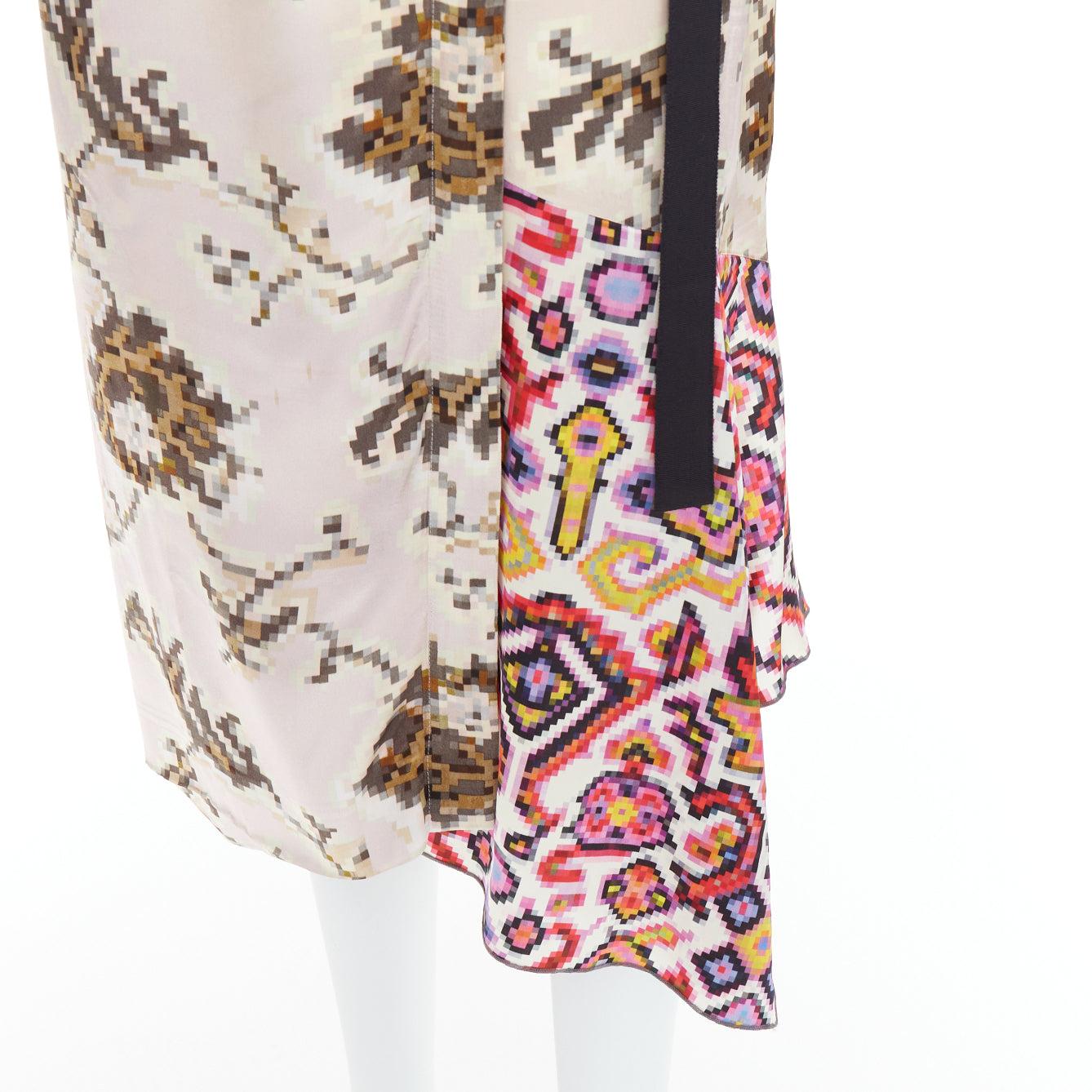 DRIES VAN NOTEN multicolor pixelated contrast print satin belted dress FR38 M For Sale 2