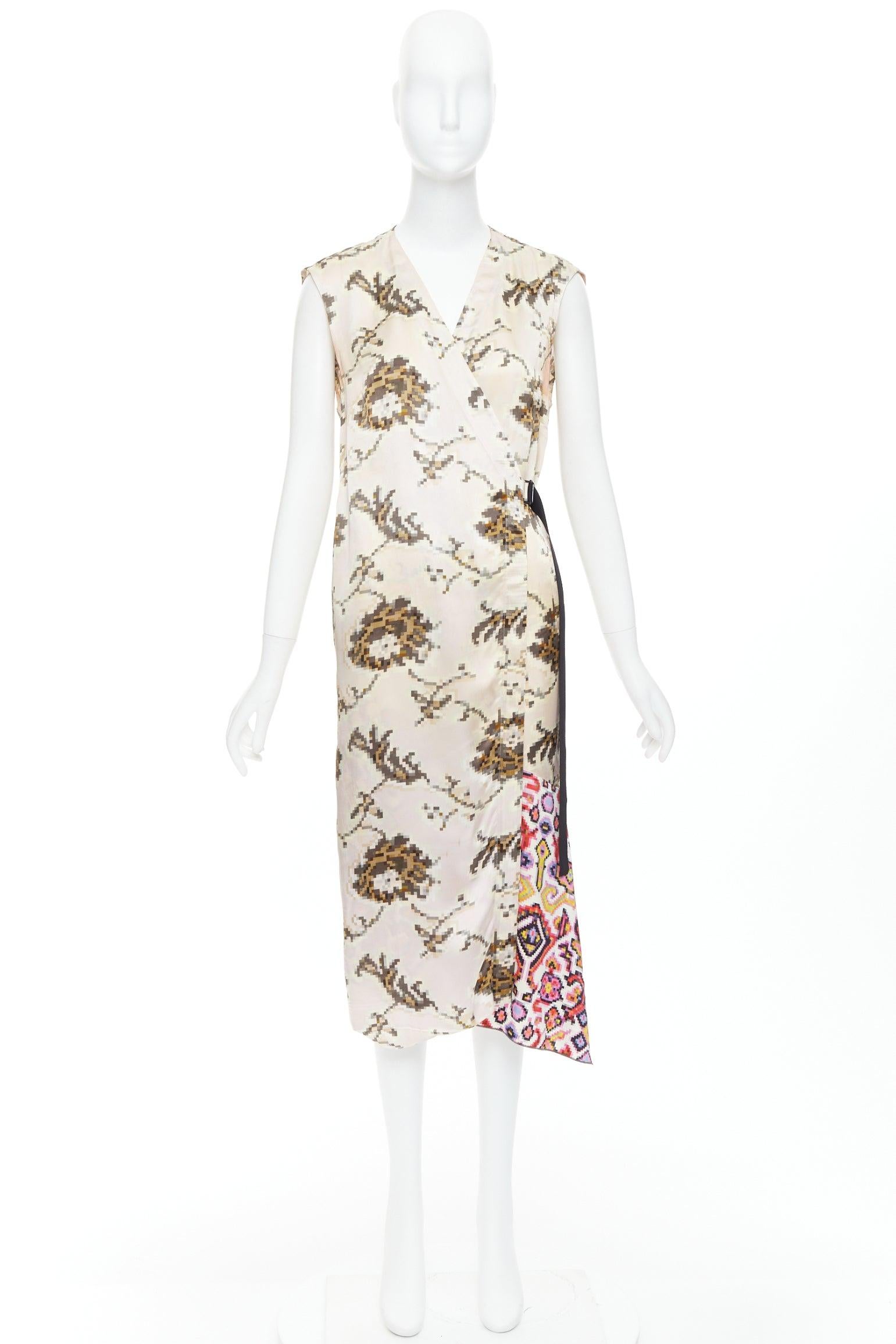 DRIES VAN NOTEN multicolor pixelated contrast print satin belted dress FR38 M For Sale 4