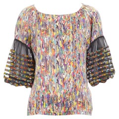 DRIES VAN NOTEN multicolor watercolor print sheer flared sleeve top FR40 L