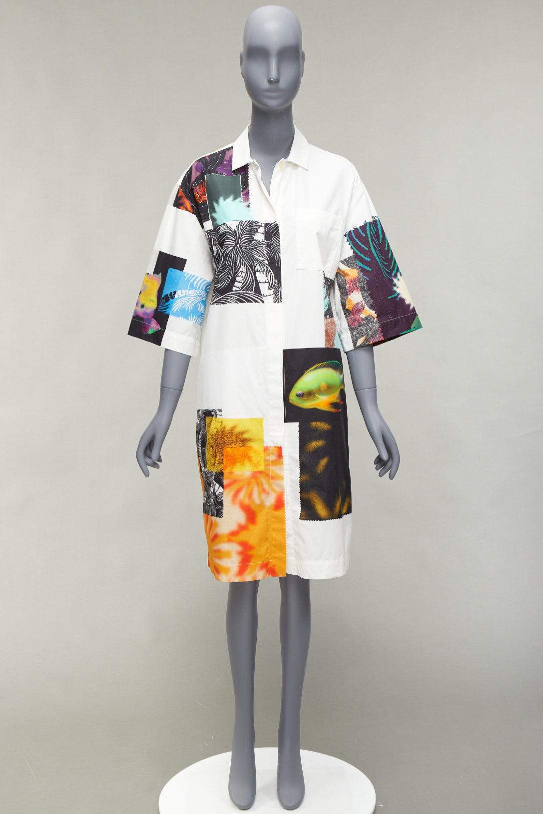 DRIES VAN NOTEN multicolour photographic patch print white shirt dress S For Sale 7