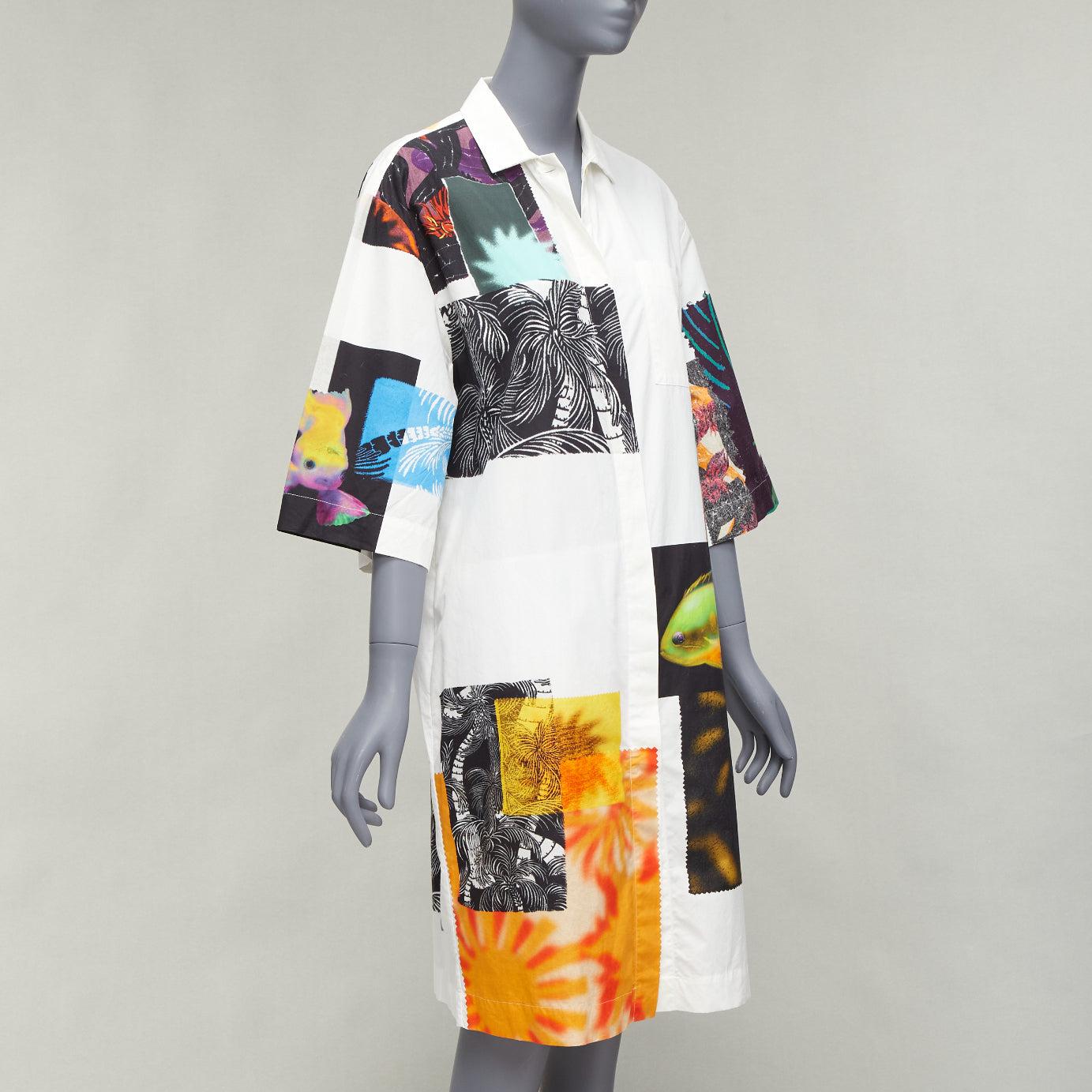 DRIES VAN NOTEN multicolour photographic patch print white shirt dress S In Good Condition For Sale In Hong Kong, NT
