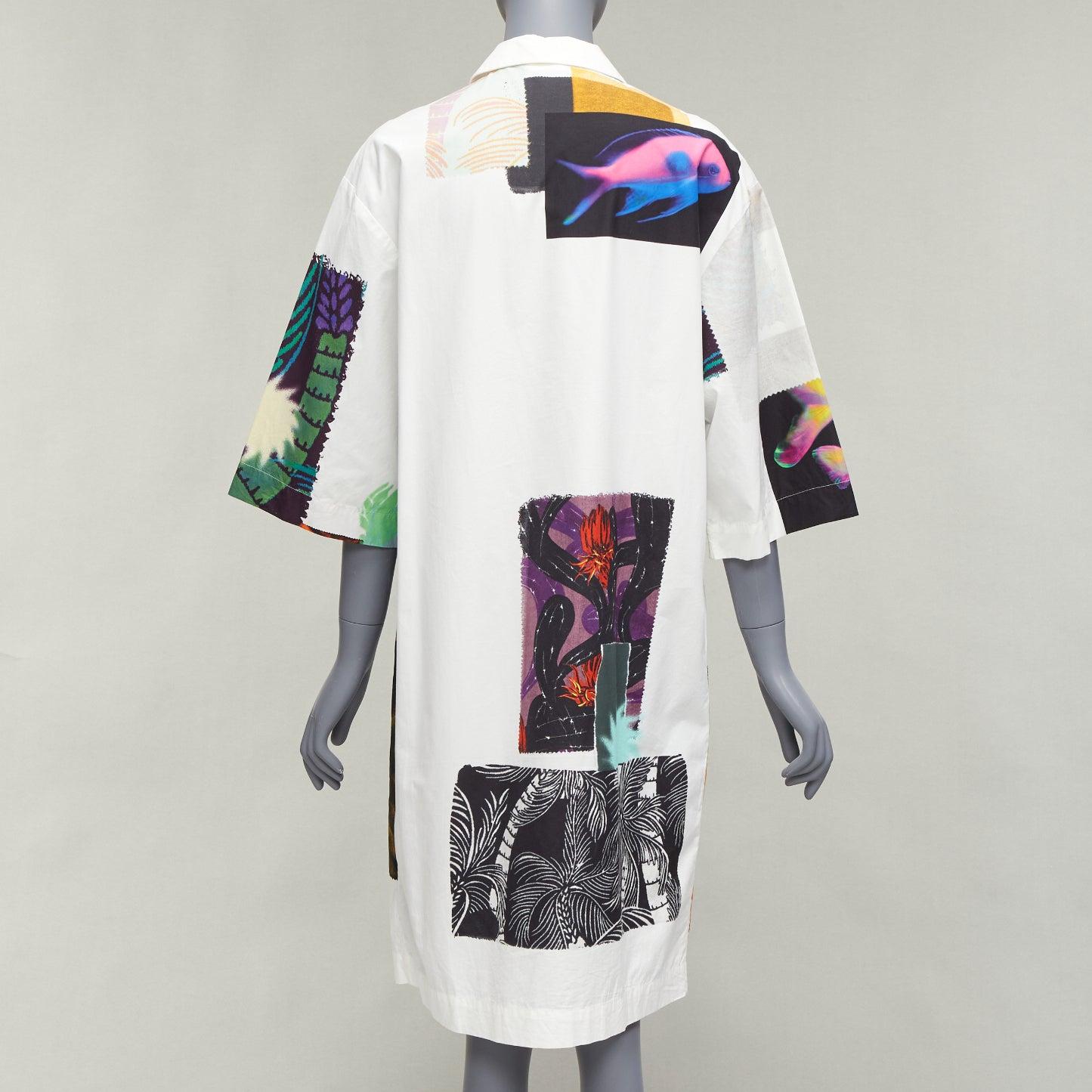 DRIES VAN NOTEN multicolour photographic patch print white shirt dress S For Sale 1