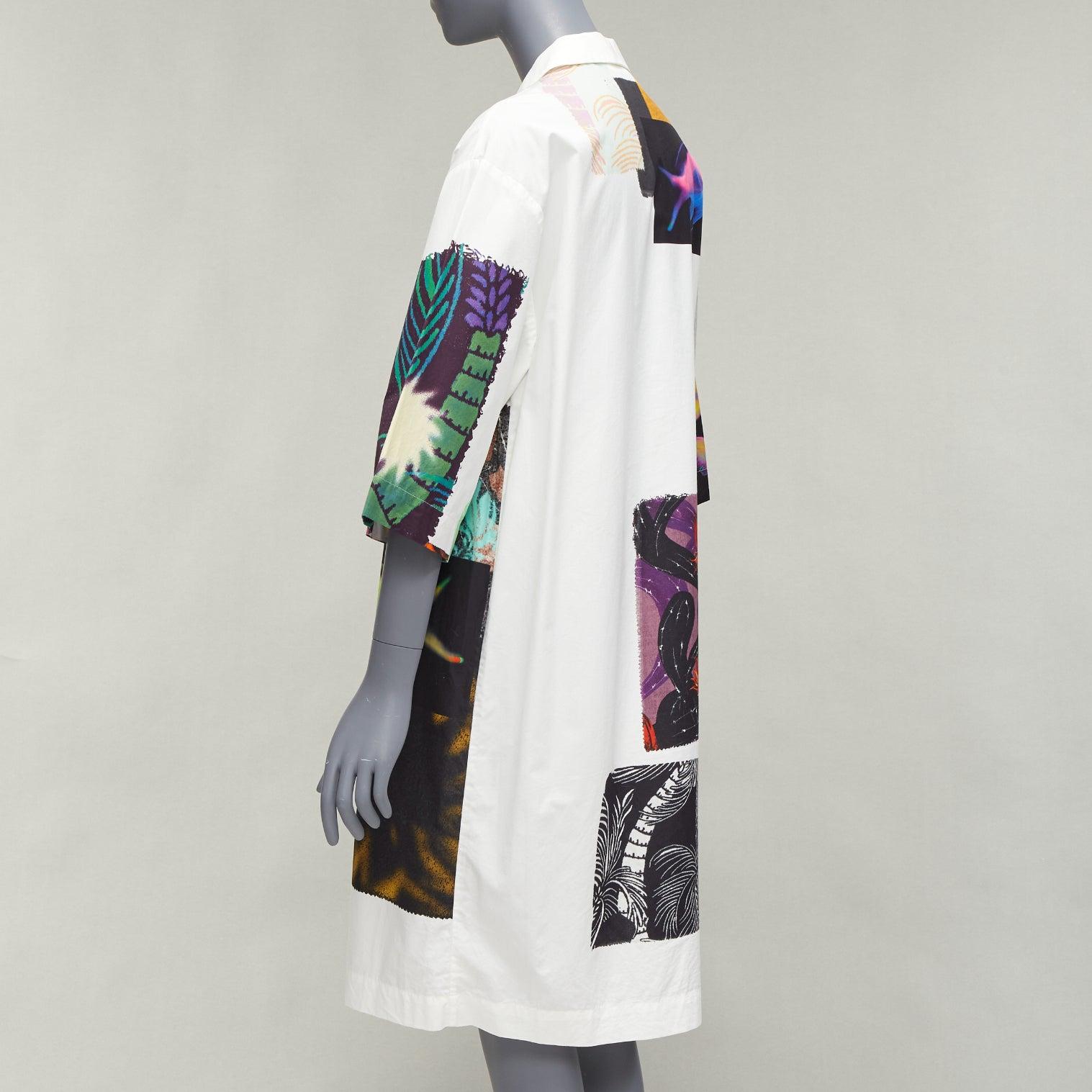 DRIES VAN NOTEN multicolour photographic patch print white shirt dress S For Sale 2