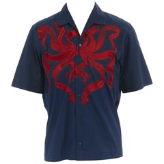 DRIES VAN NOTEN navy blue cotton red ribbon scarab embroidered casual shirt FR46