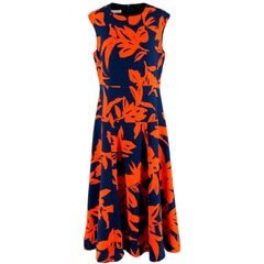 Dries Van Noten Navy Blue & Orange Printed Dress - Size US 8