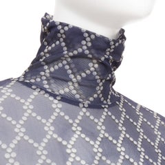 DRIES VAN NOTEN navy blue pearl diamond print high neck sheer top S