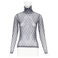 DRIES VAN NOTEN navy blue pearl diamond print high neck sheer top S