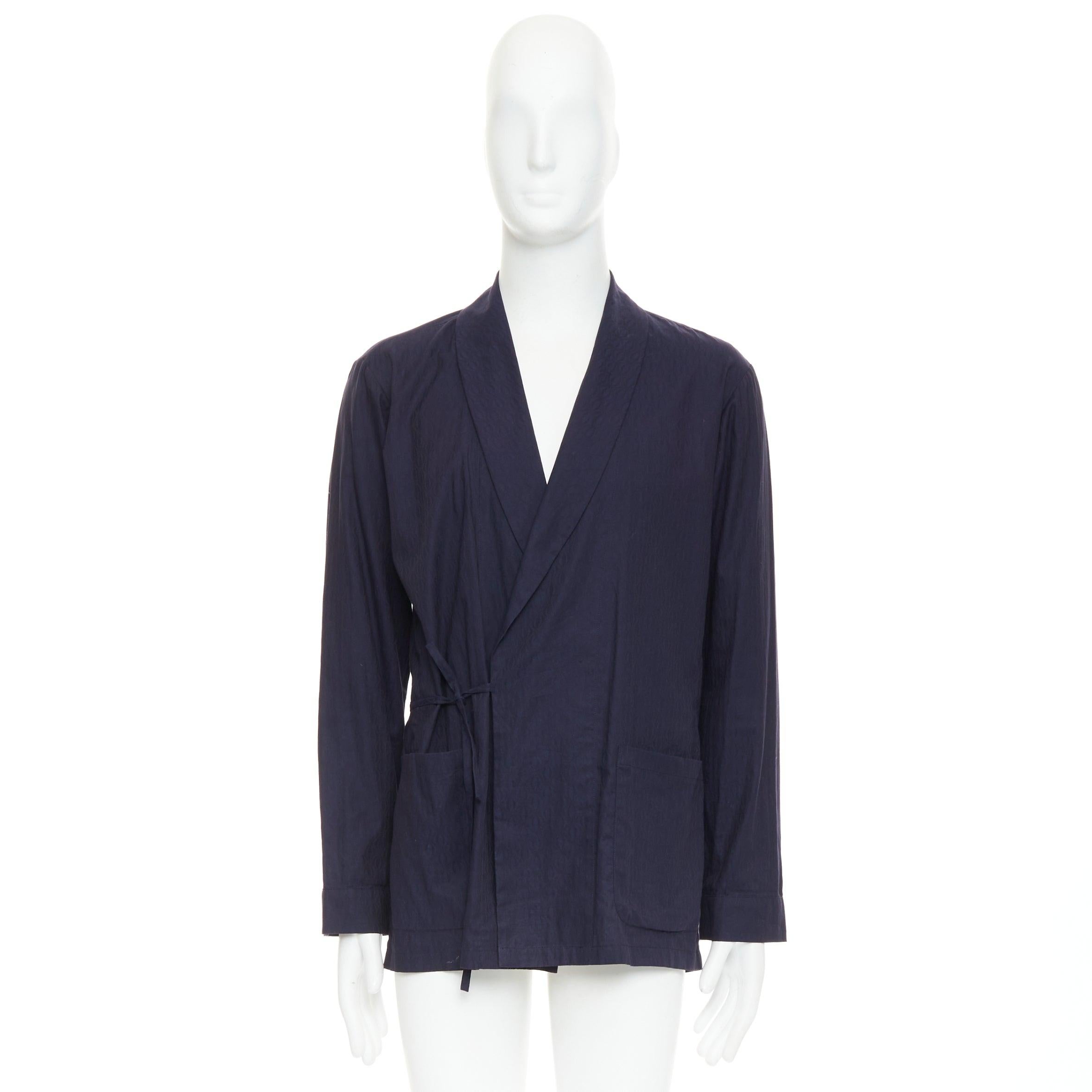 DRIES VAN NOTEN bleu marine subtil imprimé coton kimono à col overshirt IT44 XS en vente 4