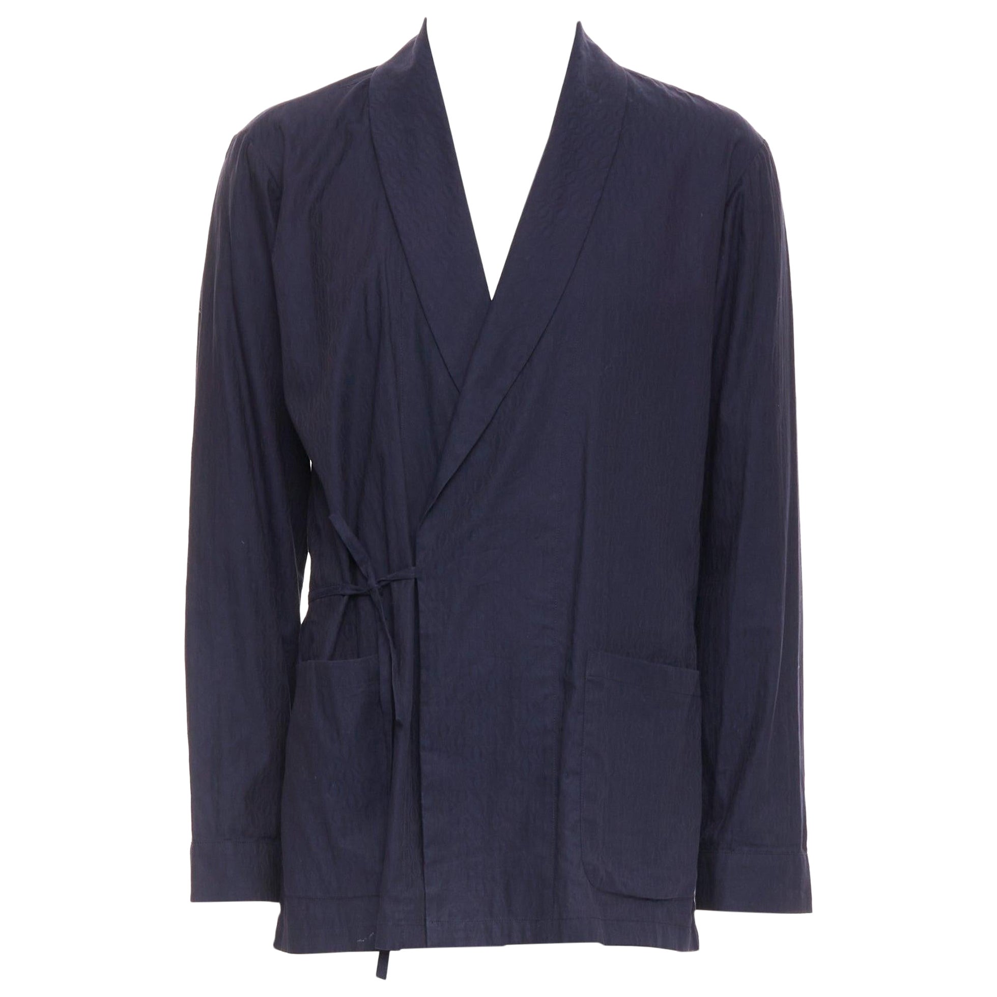 DRIES VAN NOTEN bleu marine subtil imprimé coton kimono à col overshirt IT44 XS en vente
