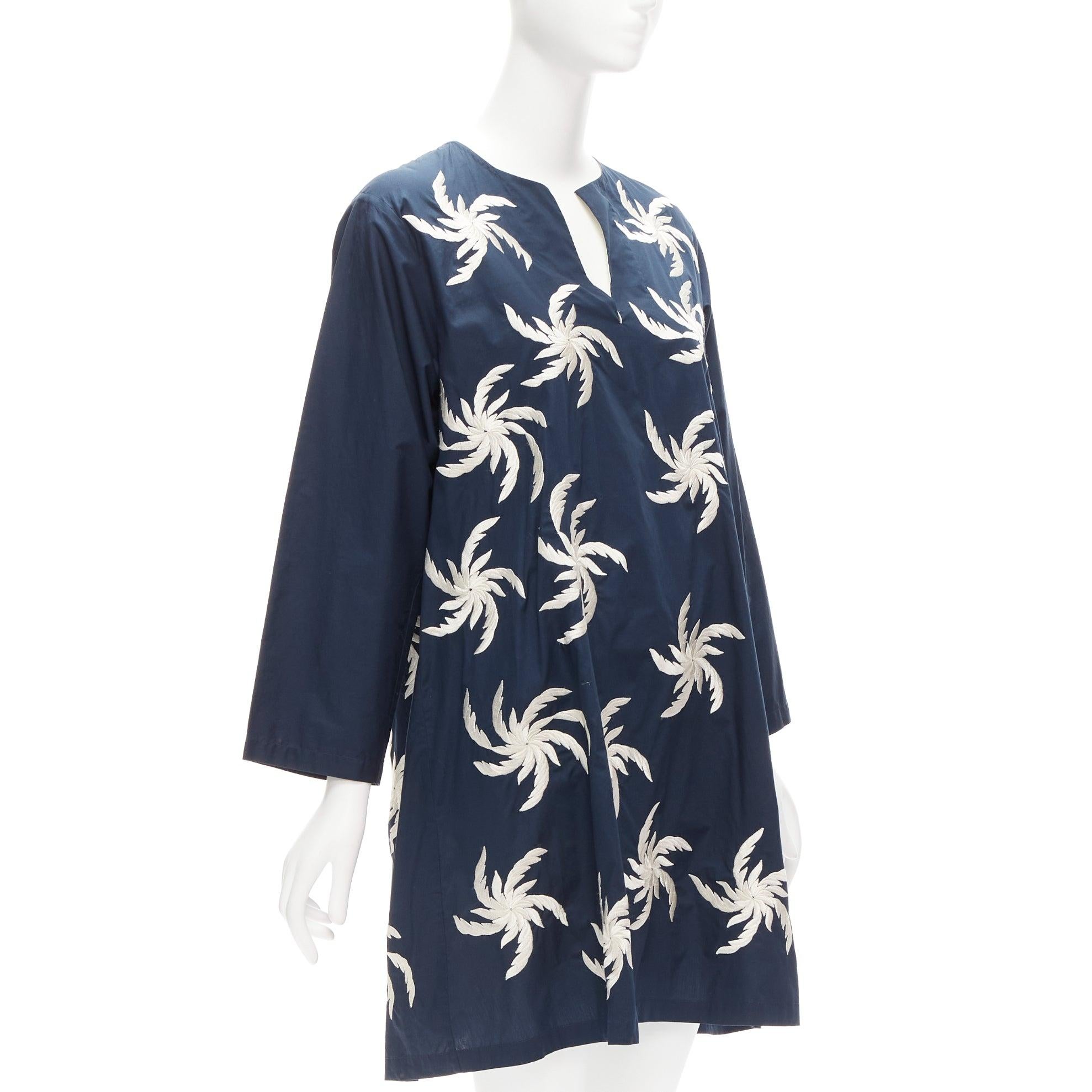 DRIES VAN NOTEN navy white 100% cotton floral embroidery boxy dress XS In Excellent Condition For Sale In Hong Kong, NT