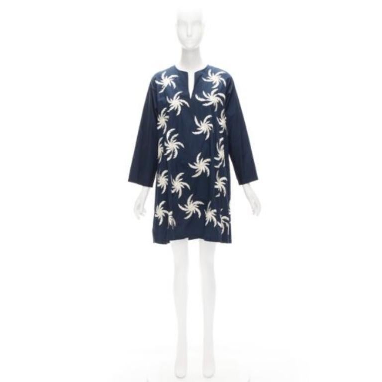 DRIES VAN NOTEN navy white 100% cotton floral embroidery boxy dress XS For Sale 3