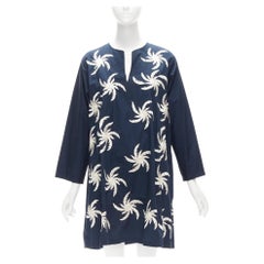 DRIES VAN NOTEN navy white 100% cotton floral embroidery boxy dress XS