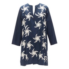 DRIES VAN NOTEN navy white 100% cotton floral embroidery boxy dress XS