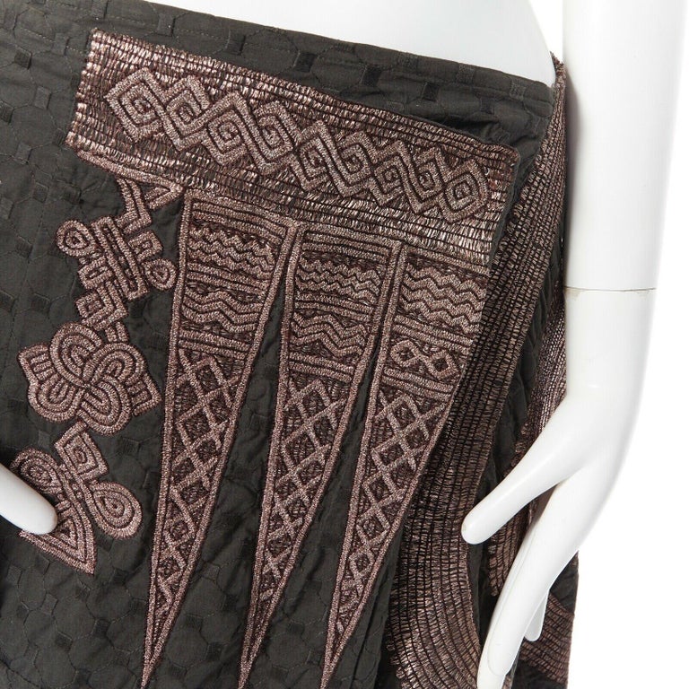 DRIES VAN NOTEN olive green flare skirt bronze embroidery ethnic boho
