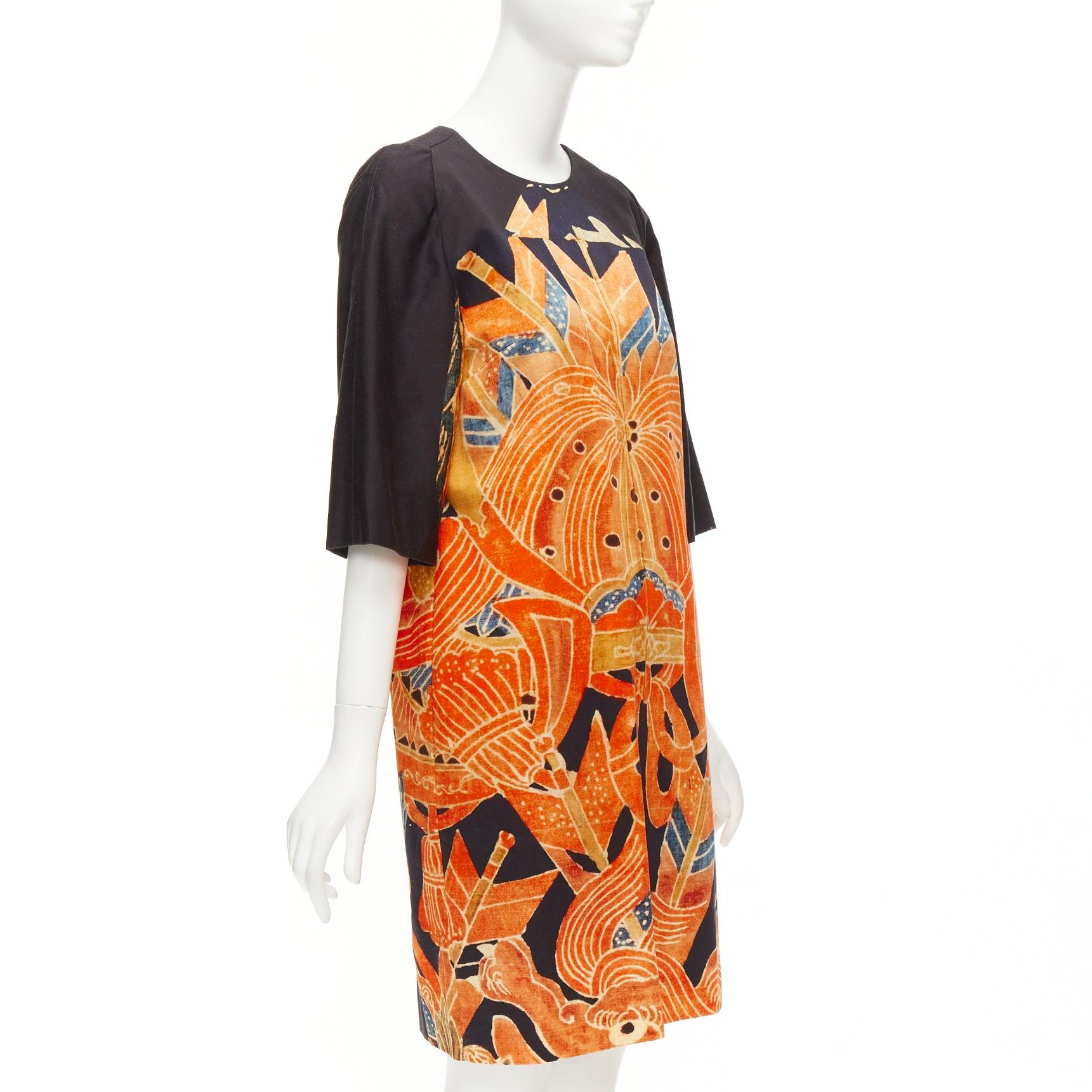 DRIES VAN NOTEN orange black cotton abstract ethnic print shift dress FR40 L In Excellent Condition For Sale In Hong Kong, NT