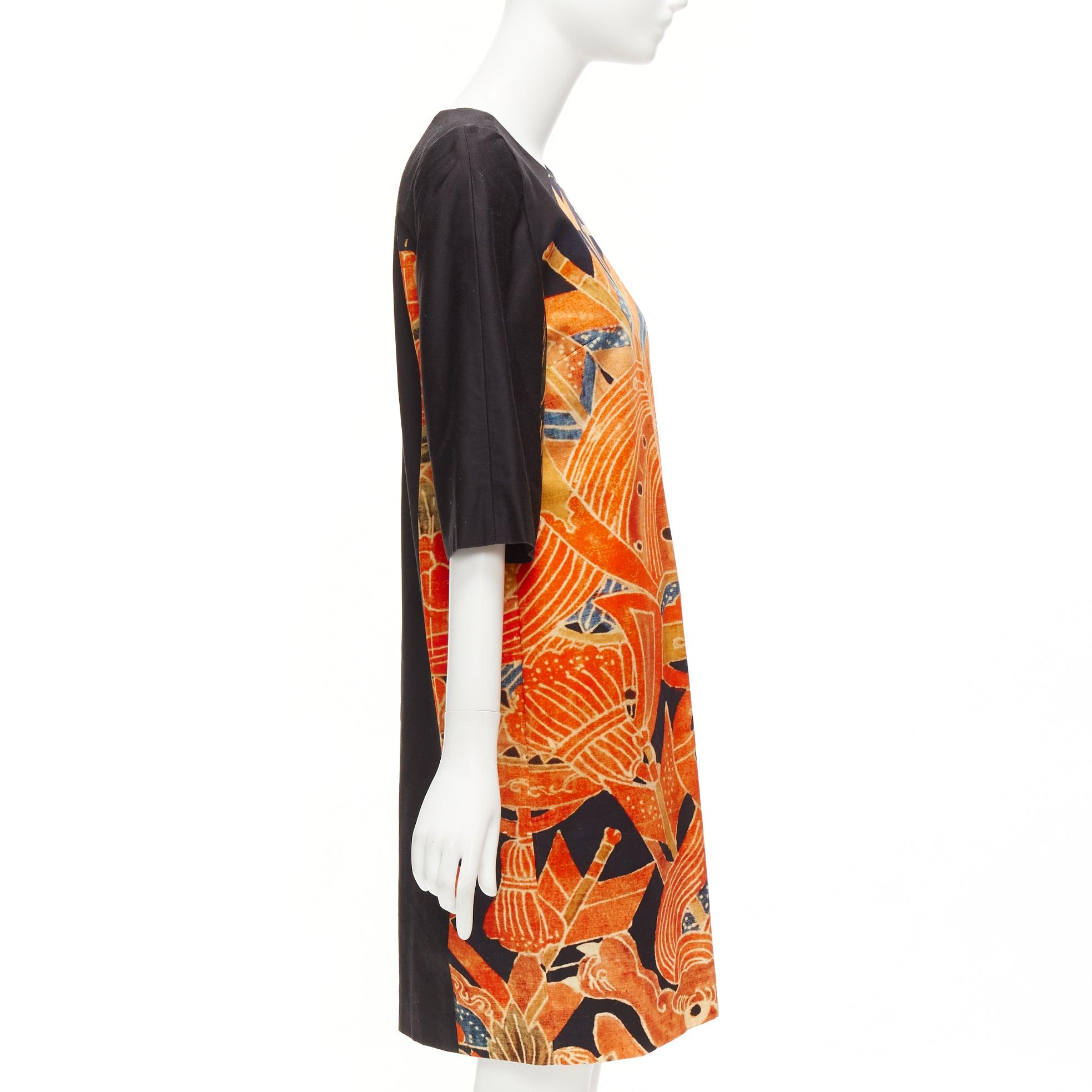 Women's DRIES VAN NOTEN orange black cotton abstract ethnic print shift dress FR40 L For Sale