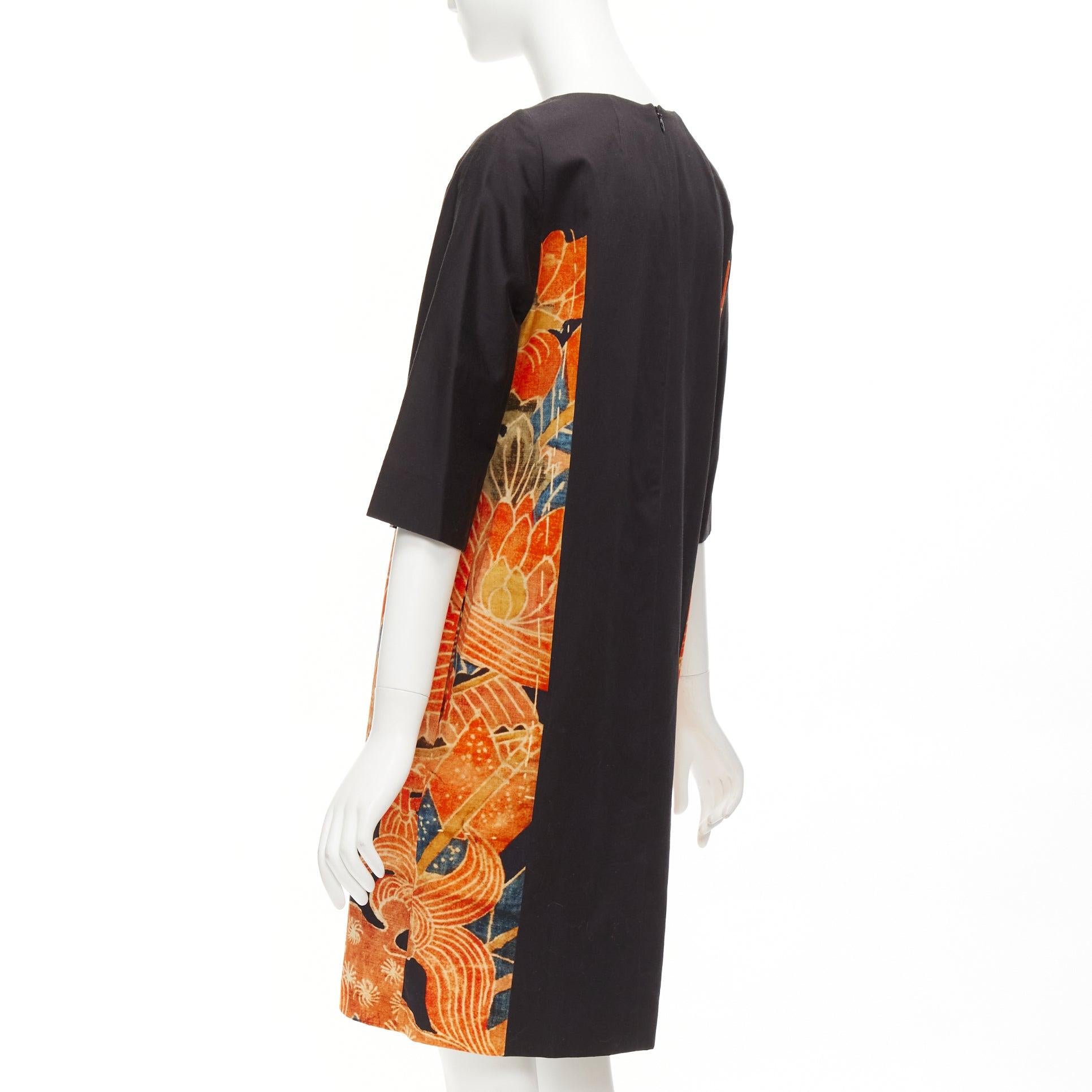 DRIES VAN NOTEN orange black cotton abstract ethnic print shift dress FR40 L For Sale 2