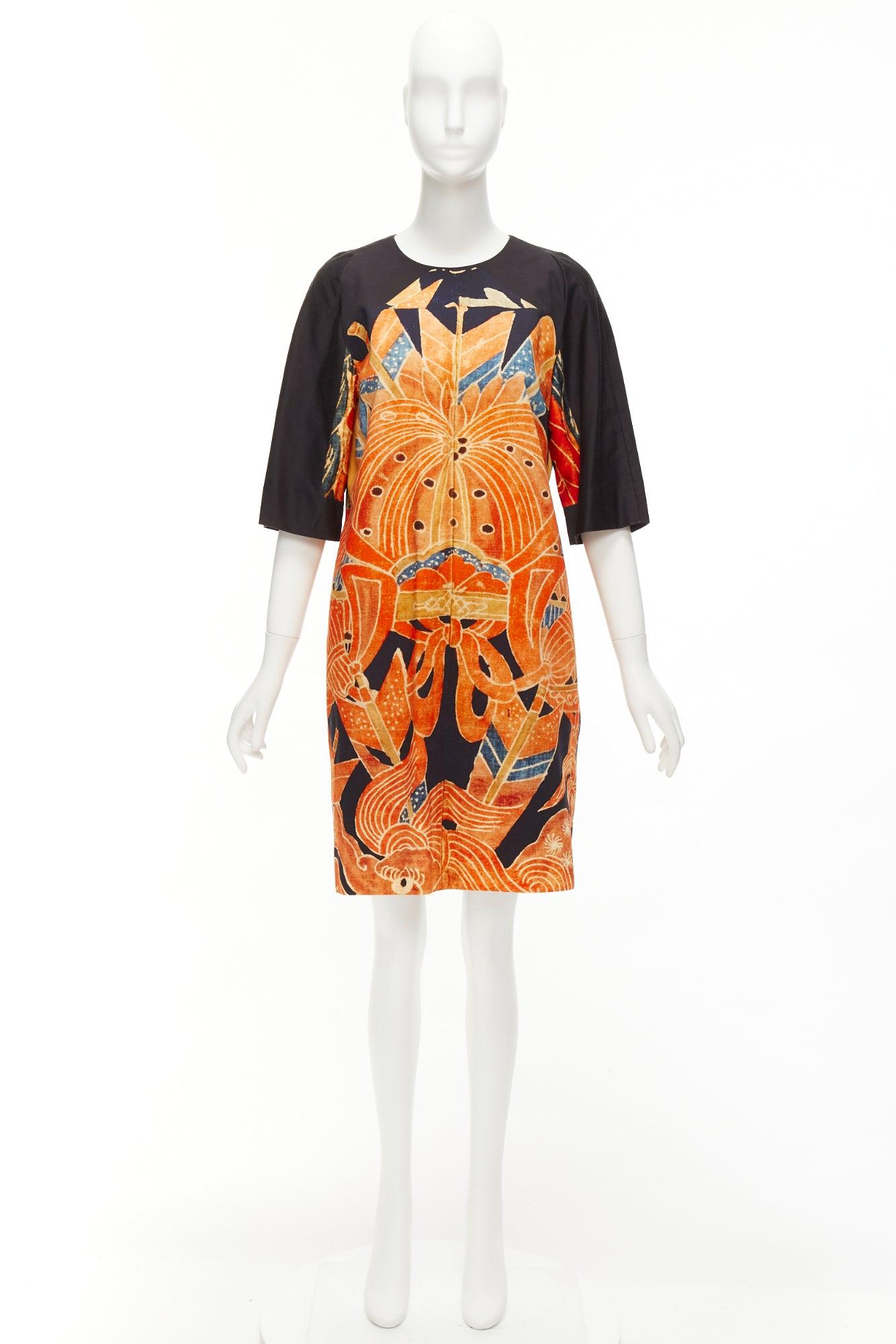 DRIES VAN NOTEN orange black cotton abstract ethnic print shift dress FR40 L For Sale 5