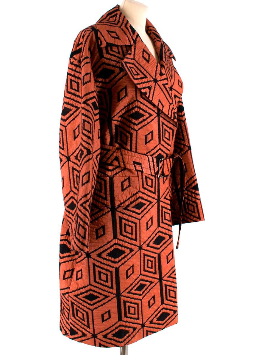 Dries Van Noten Orange and Black Diamond Pattern Coat 

- Mid weight
- Slight shine to fabric
- Black diamond shape pattern
- Notched Pointed lapels
- Waist belt 
- Fully lined
- Two side pockets 

Made in Belgium 
 
Dry Clean Only 

Please note,