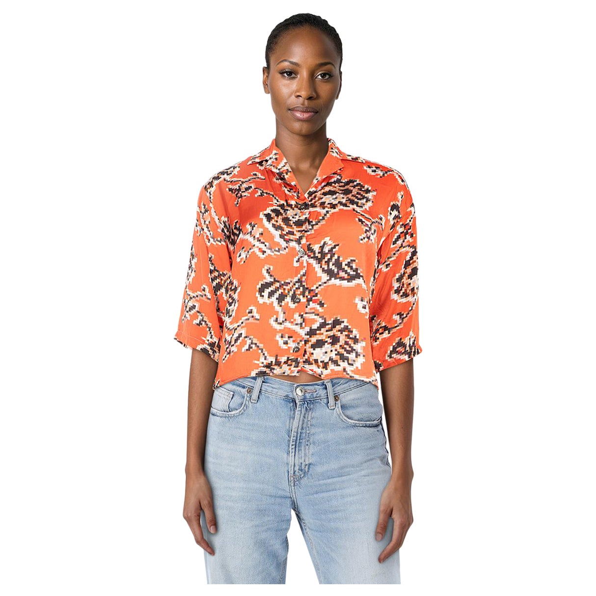 Dries Van Noten Orange Pixel Pattern Blouse Size S For Sale