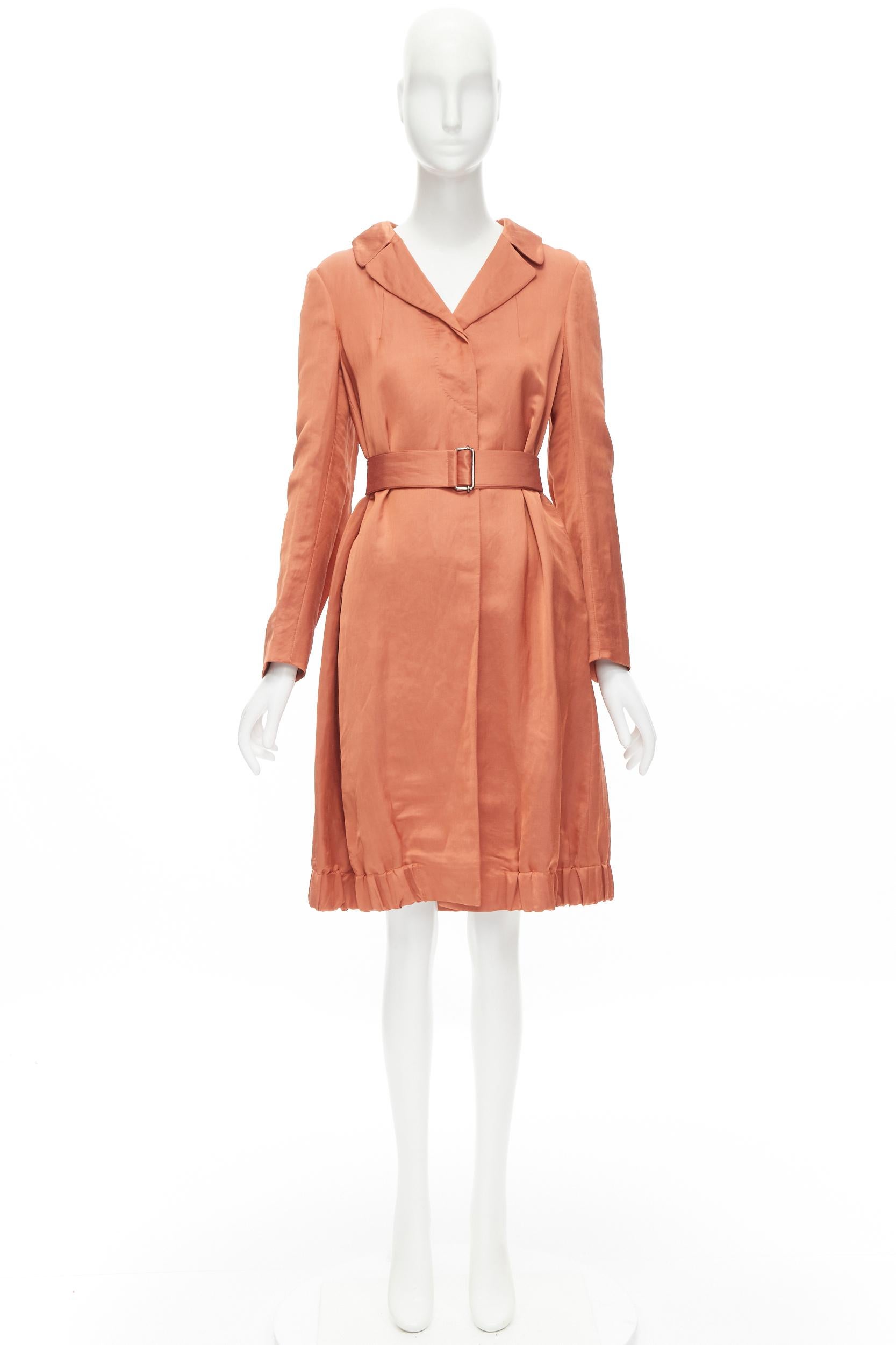 DRIES VAN NOTEN orange ramie rayon elasticated ruched hem belted trench coat S For Sale 4