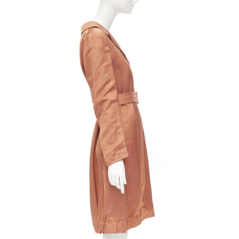 DRIES VAN NOTEN orange ramie rayon elasticated ruched hem belted trench coat S In Excellent Condition In Hong Kong, NT