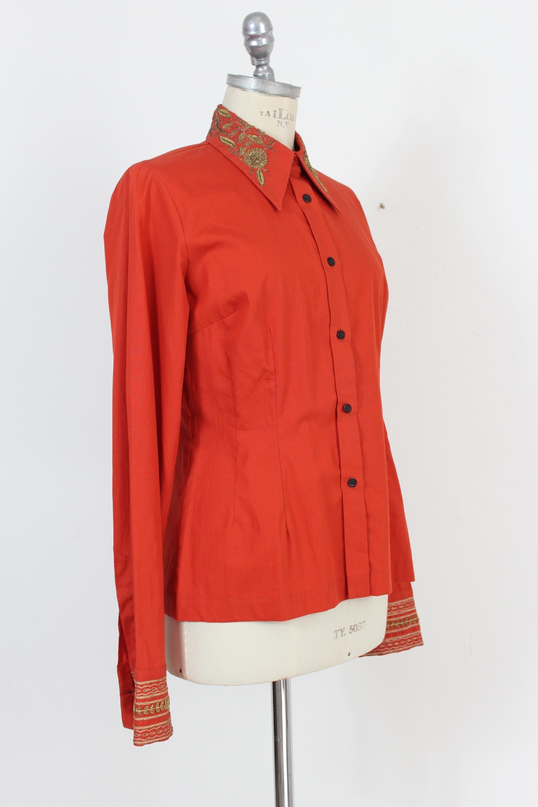 Dries Van Noten Orange Shirt Golden Embroidered Neck 2000s Slim Fit Cotton In Excellent Condition In Brindisi, Bt